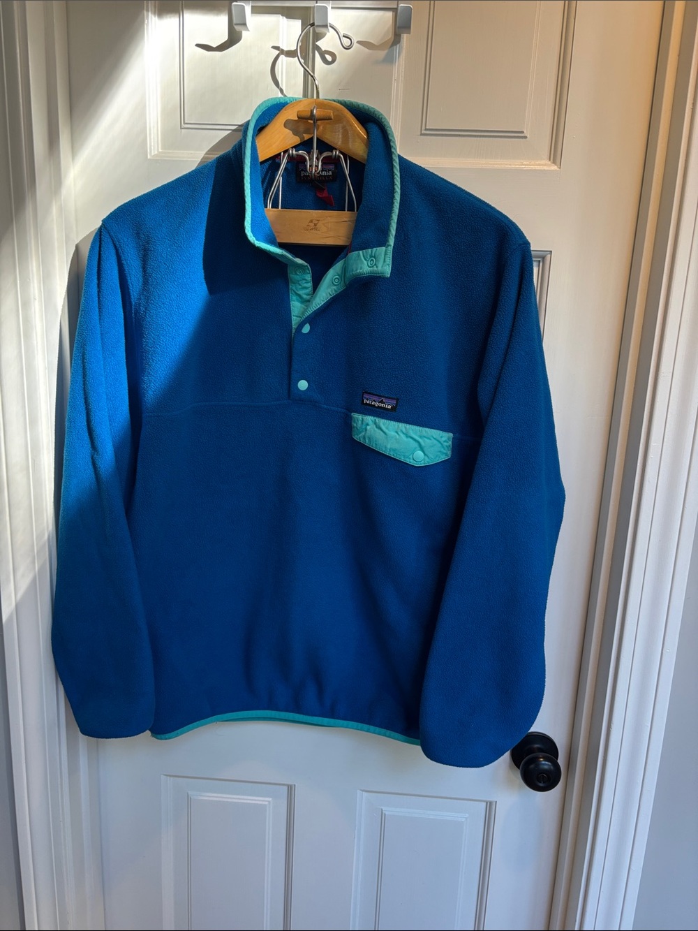 Patagonia Teal-Trimmed Blue Snap- synchilla T Fleece Pullover